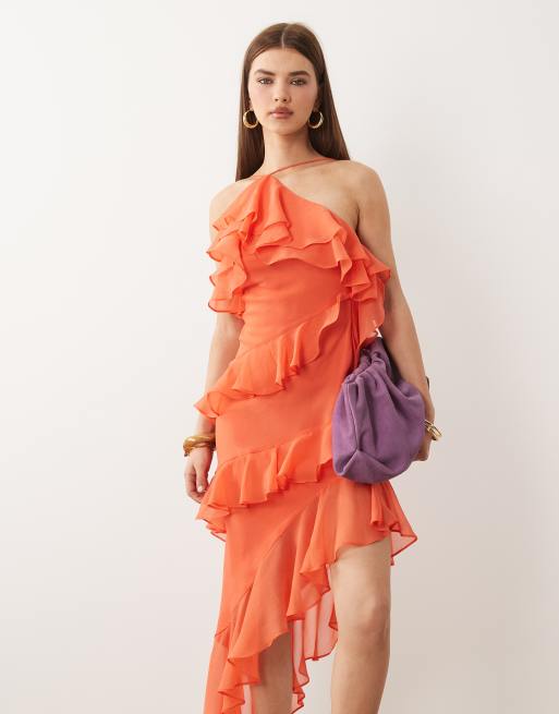ASOS DESIGN ruffle halter maxi dress in hot coral, 4 of 4