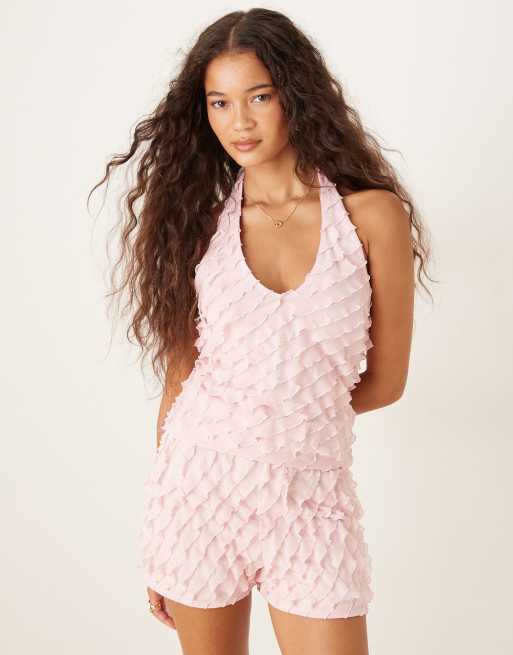 ASOS DESIGN ruffle halterneck top in baby pink (Part of a set)