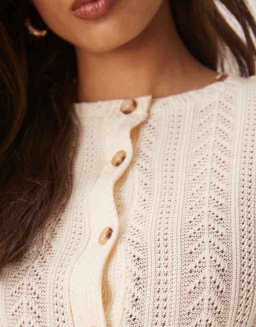 ASOS DESIGN ruffle hem crochet cardigan top in cream