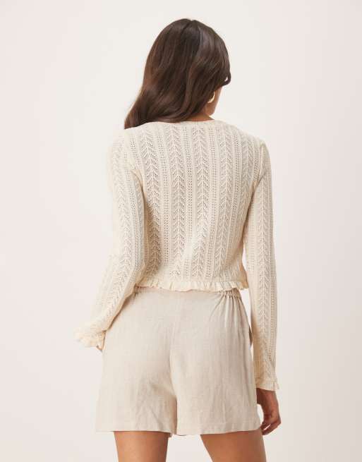 ASOS DESIGN ruffle hem crochet cardigan top in cream, 3 of 4