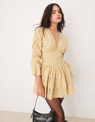 ASOS DESIGN ruffle hem mini dress with tie waist in buttermilk-Neutral