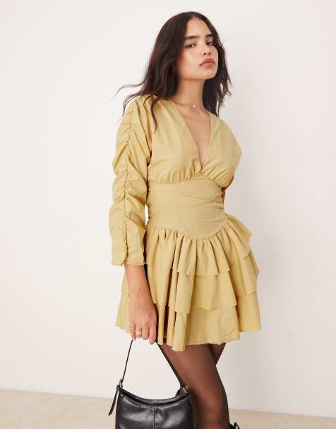 ASOS DESIGN ruffle hem mini dress with tie waist in buttermilk - view 1