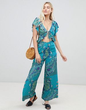 ASOS DESIGN ruffle jumpsuit in paisley print with cut out detail