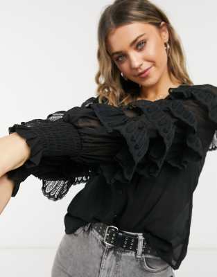 ASOS DESIGN ruffle lace blouse in black 