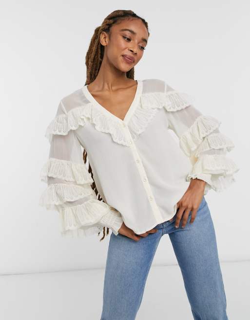 ASOS DESIGN regular lace shirt with ruffle front in white