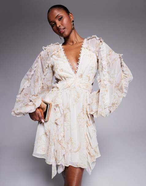 ASOS DESIGN ruffle lace insert mini dress with cut out in soft floral print - view 1