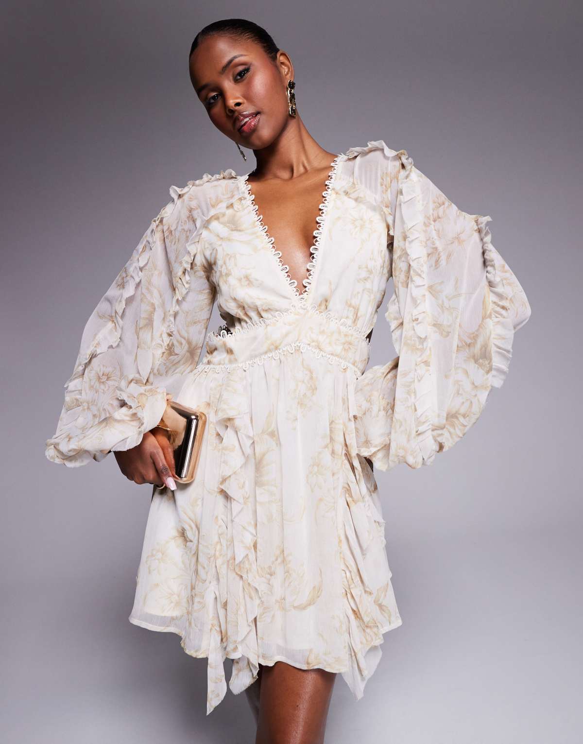 ASOS DESIGN ruffle lace insert mini dress with cut out in soft floral print
