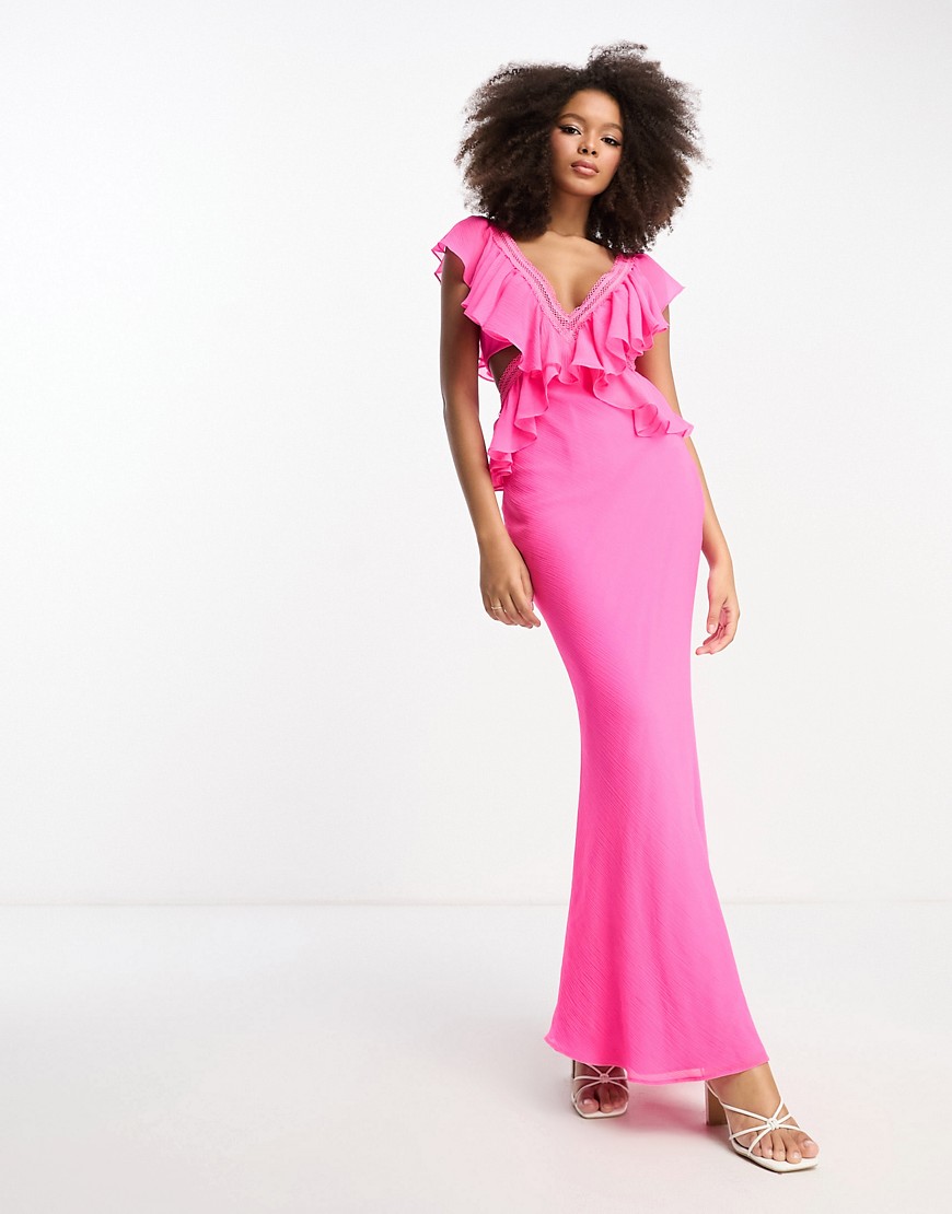 ASOS DESIGN ruffle lace insert tiered cut out maxi dress in hot pink