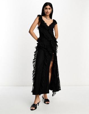 ASOS DESIGN ruffle lace maxi dress in black