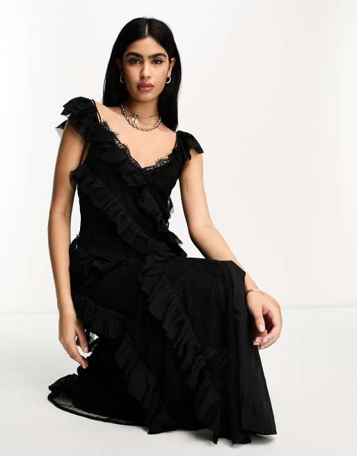 Long black 2025 dress with ruffles