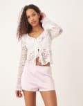 [ASOS DESIGN] ASOS DESIGN ruffle lace sheer long sleeve top with hook and eye detail in white S White
