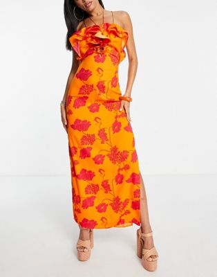 ASOS DESIGN ruffle lace up maxi beach dress in floral