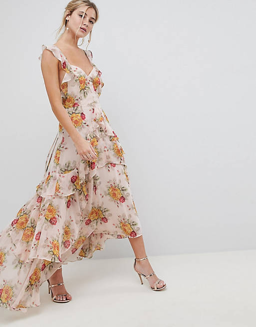 ASOS DESIGN ruffle maxi dress in rose floral print