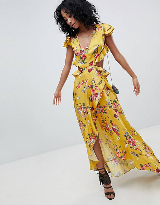 ASOS DESIGN ruffle maxi dress with cut out back in yellow floral print