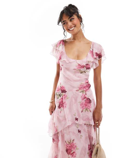 ASOS DESIGN ruffle maxi dress with flutter sleeves in pink floral print ...