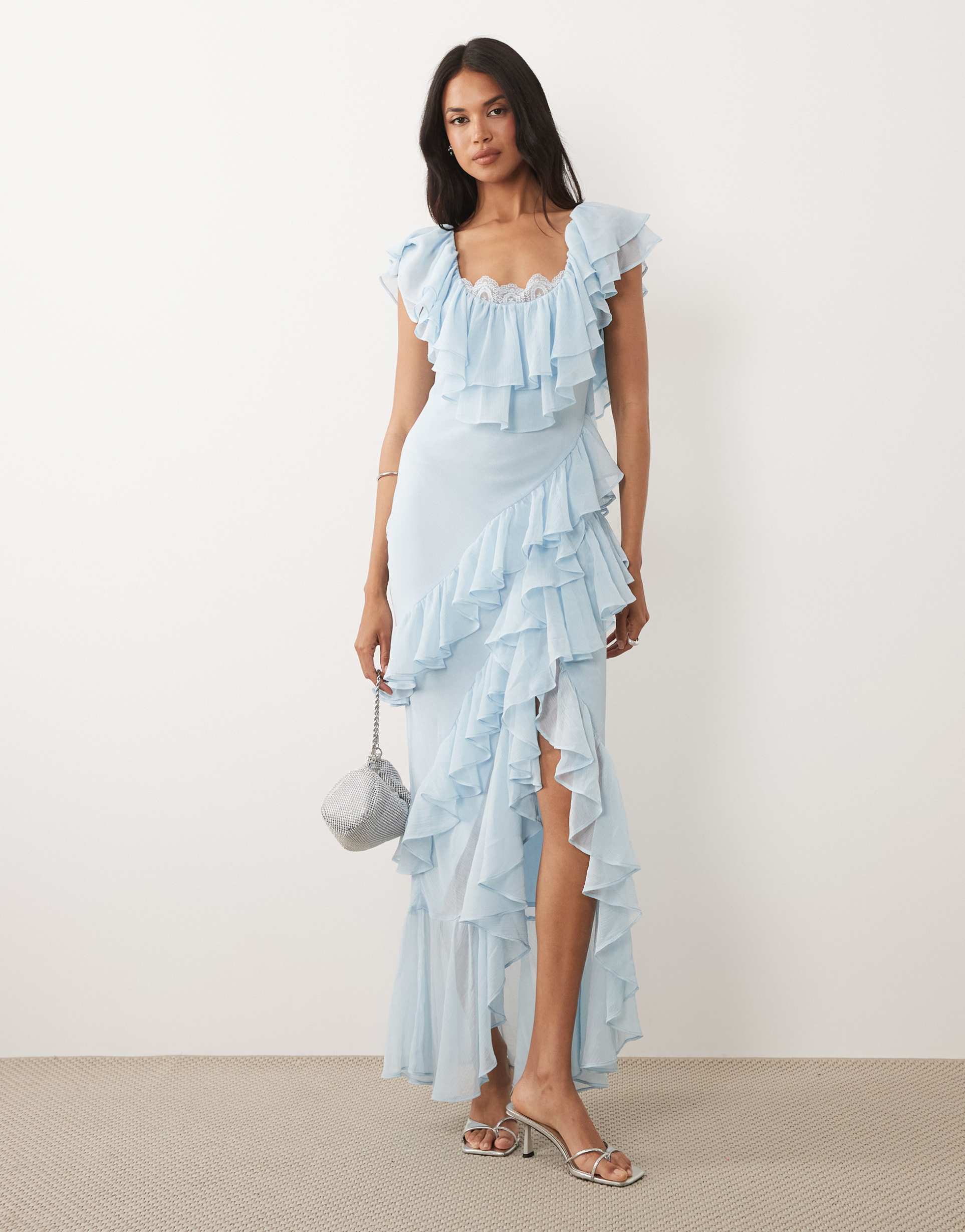 asos design ruffle maxi dress with lace trim in dusky blue