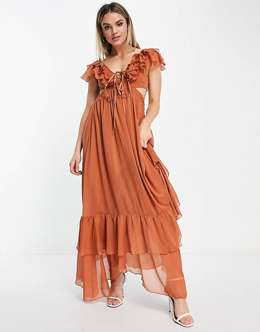 Dresses ruffle maxi dress with lace up back and satin trims 