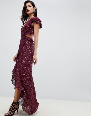 asos design ruffle maxi dress with open back in all over sequin