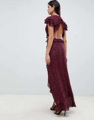 asos design ruffle maxi dress with open back in all over sequin