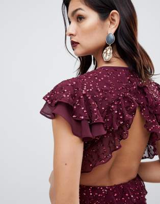 asos design ruffle maxi dress with open back in all over sequin