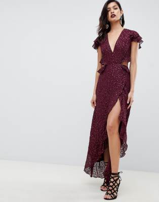 asos design ruffle maxi dress with open back in all over sequin