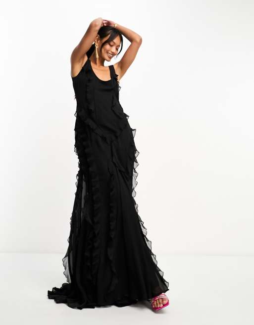 ASOS DESIGN ruffle maxi dress with scoop back in black