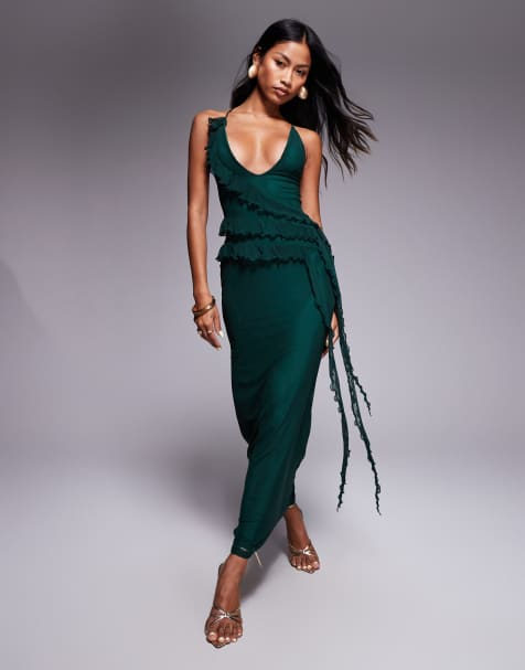 ASOS DESIGN ruffle maxi dress with tie-up back in dark green - view 1