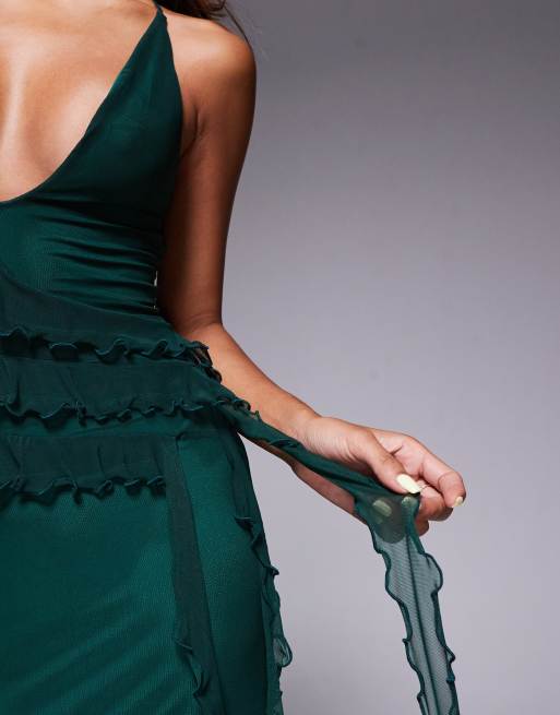 ASOS DESIGN ruffle maxi dress with tie up back in dark green