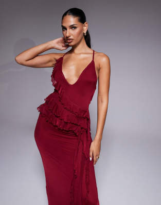 Asos Design Ruffle Maxi Dress With Tie Up Back In Purple