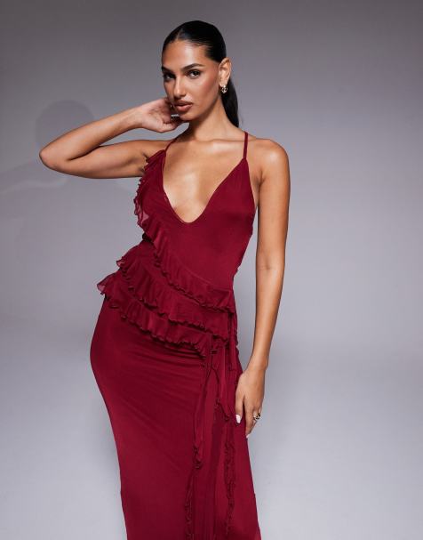 ASOS DESIGN ruffle maxi dress with tie up back in plum - view 1
