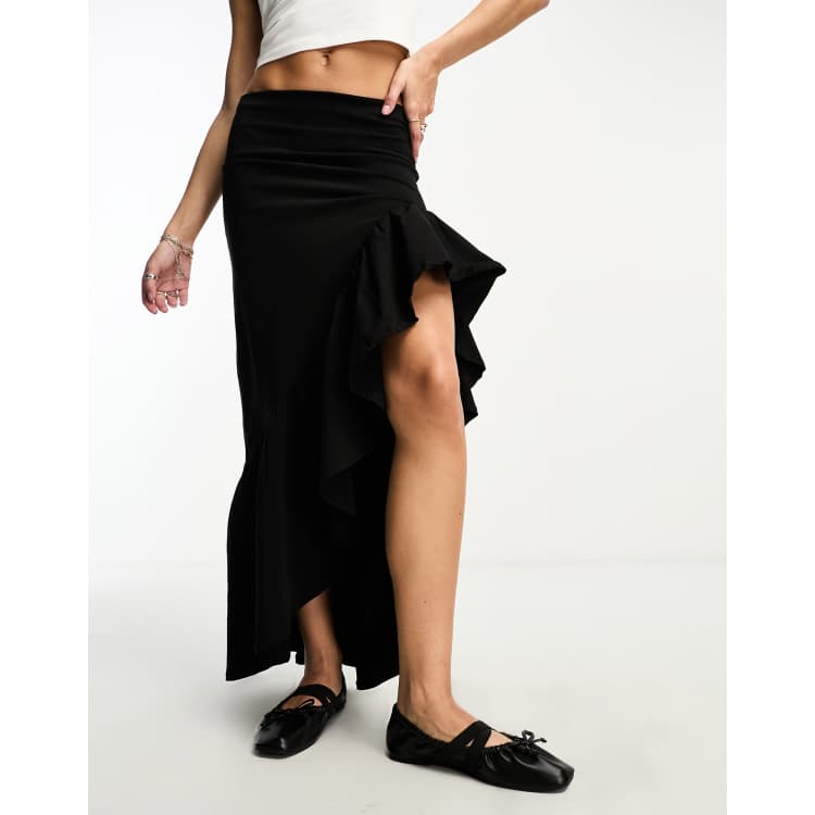 【LOULOUSEOUL】Unbar Frill Maxi Skirt (Black) Elastic Waistband Long Skirt - Black | SHOP BAZAAR