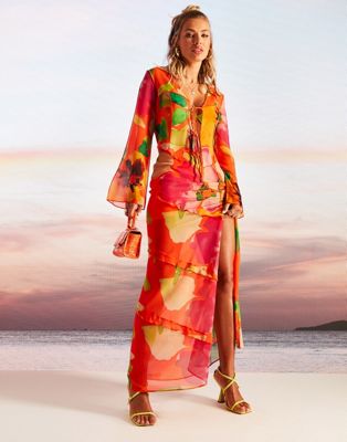 ASOS DESIGN ruffle maxi skirt in bold floral print  - ASOS Price Checker