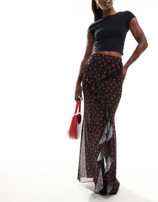 Asos Design Ruffle Maxi Skirt With Slit Front In Ditsy Cherry Print-multi