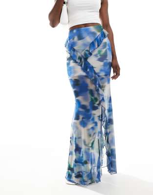 ASOS DESIGN ASOS DESIGN ruffle maxi skirt with split front in blue blurred print-Multi