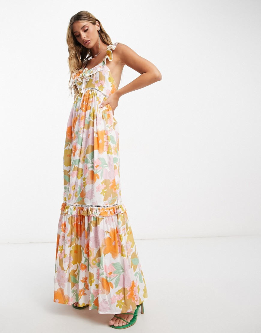 ASOS DESIGN ruffle maxi sundress with lace inserts in retro floral-Multi