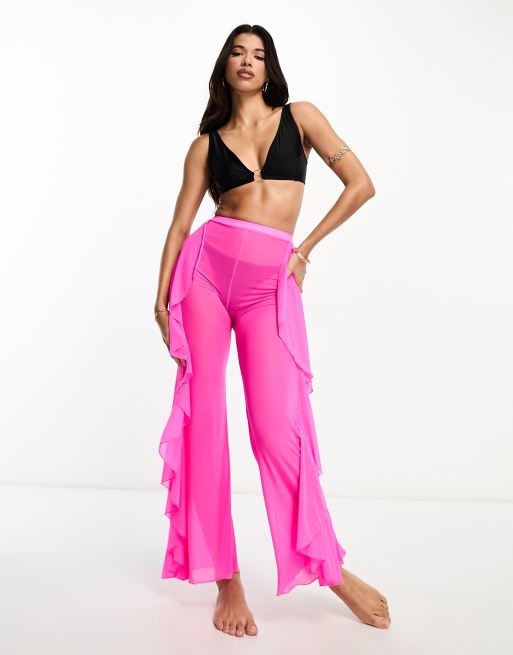 ASOS DESIGN open knit beach flare pants in pink (part of a set)