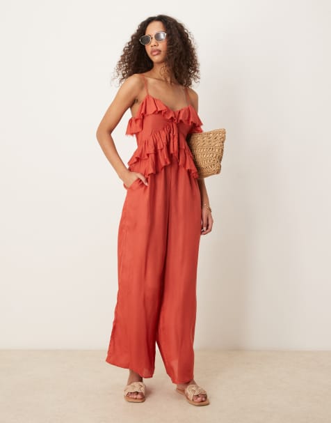 ASOS DESIGN ruffle micro bust viscose jumpsuit with shirred back in rust - view 1