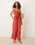 [ASOS DESIGN] ASOS DESIGN ruffle micro bust viscose jumpsuit with shirred back in rust 10 RUST