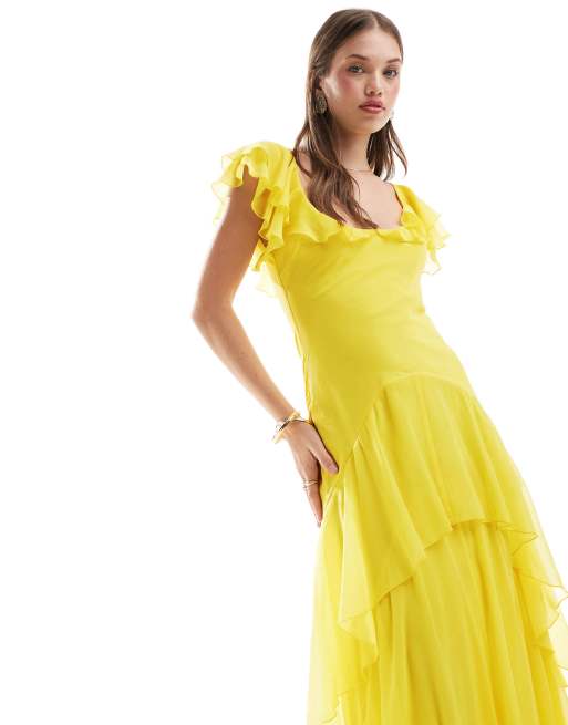 asos design ruffle wrap midi dress ASOS Design Ruffle Wrap Detail Pleated Midi Dress in lemon yellow-Multi