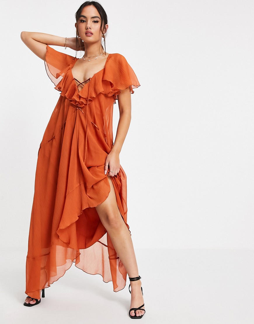 ASOS DESIGN ruffle midi dress with lace up front and adjustable waist detail in rust-Brown