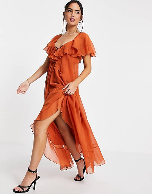 Women ruffle midi dress with lace up front and adjustable waist detail in rust 