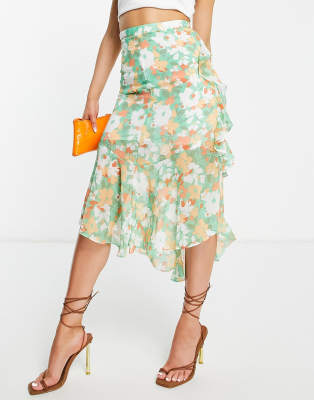 ASOS DESIGN ruffle midi skirt in green peach abstract floral - ASOS Price Checker