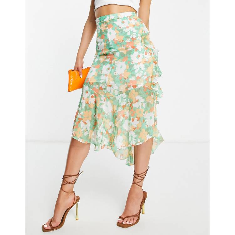 ASOS DESIGN ruffle midi skirt in green peach abstract floral ASOS