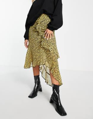 ASOS DESIGN ruffle midi skirt in ochre floral print  - view 1