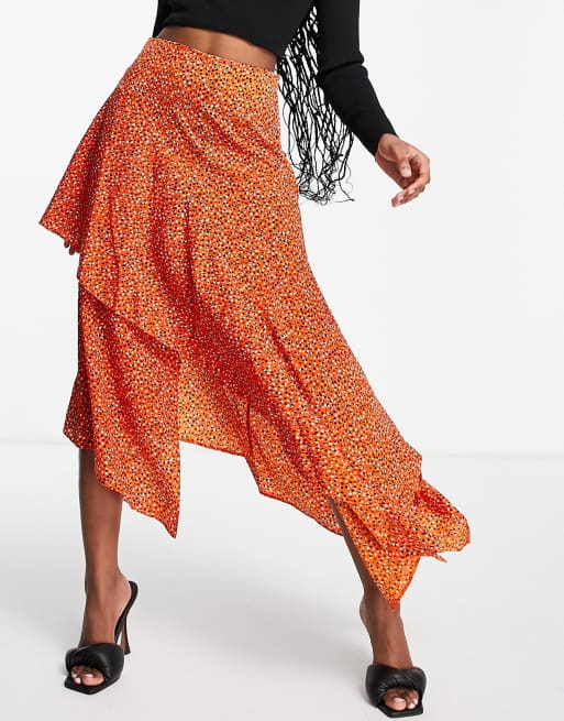 ASOS DESIGN  ruffle midi skirt in orange non print