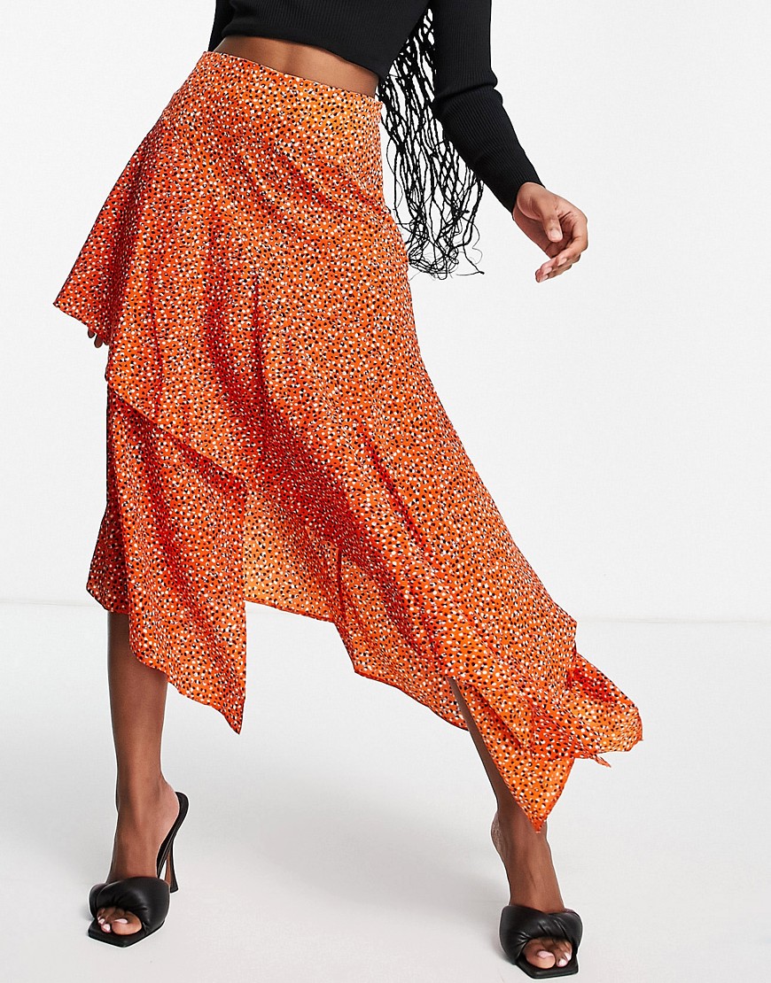 ASOS DESIGN ruffle midi skirt in orange nonprint-Multi