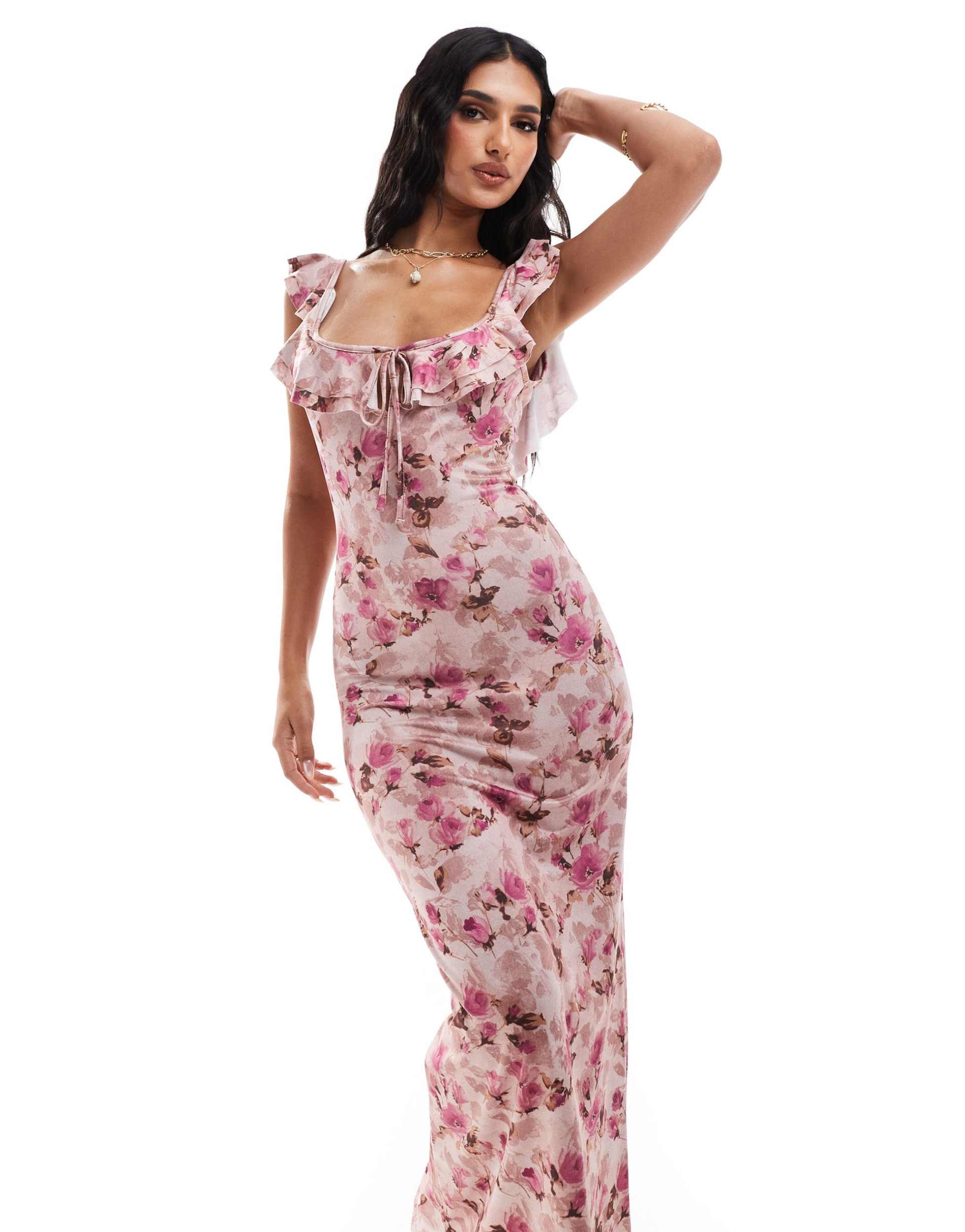 asos design ruffle midi tea dress with keyhole detail in ditsy floral print