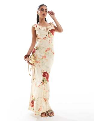 Asos Design Ruffle Midi Tea Dress With Keyhole Detail In Vintage Floral Print-multi