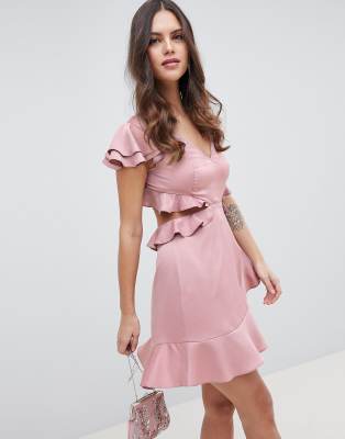 satin ruffle mini dress