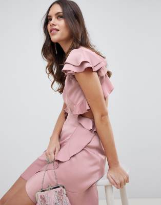 satin ruffle mini dress